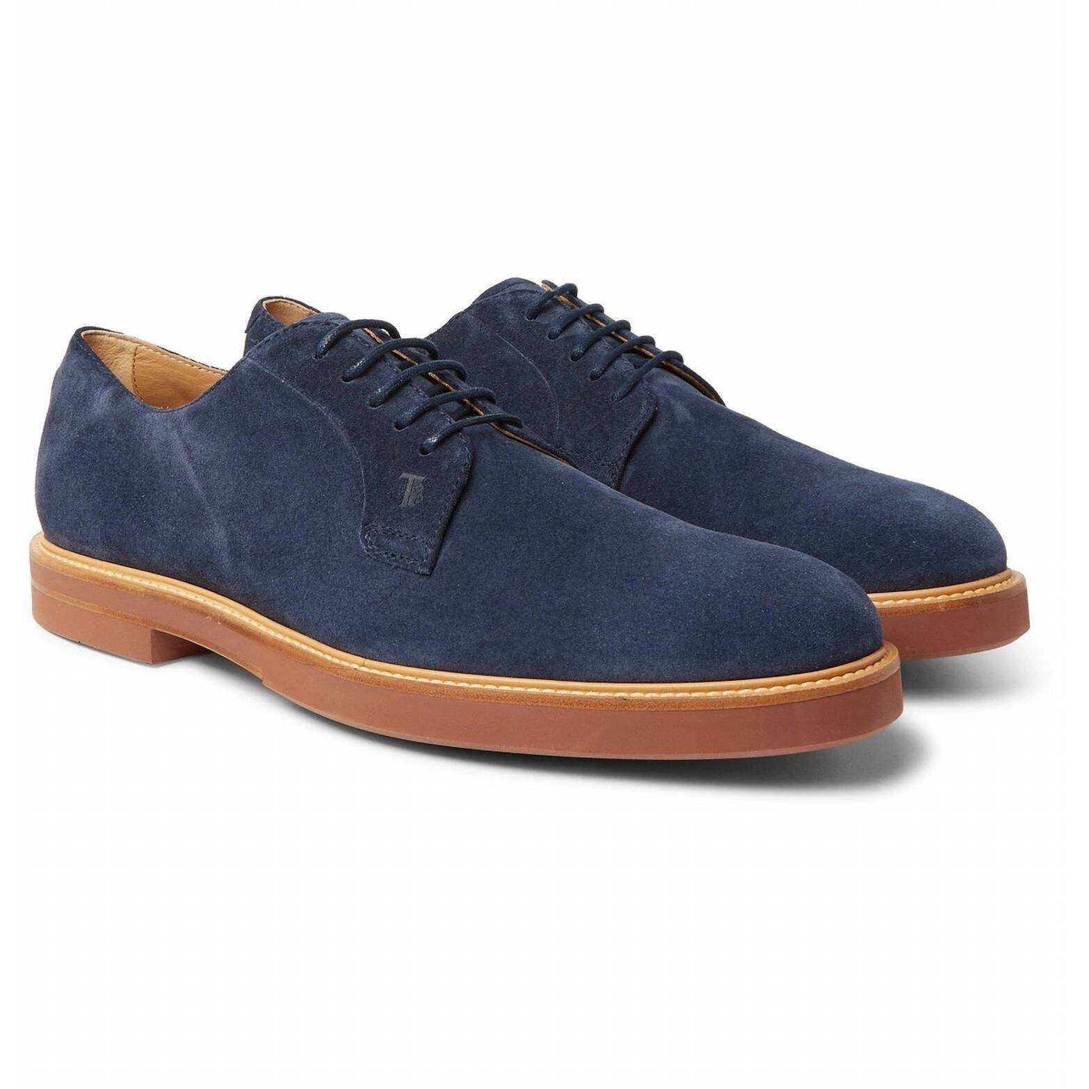 New Tod's Men's Derby Lace-Up Casual Shoes In Blue Suede